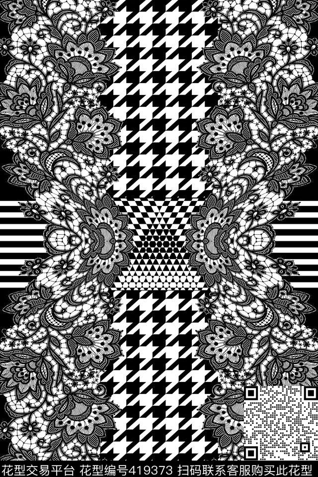 黑白几何蕾丝传统印花华亿平台下载（图片编号: 419373） - 瓦栏（Walan）