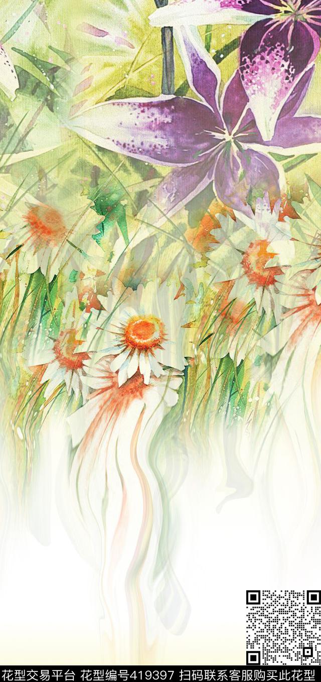 长裙水彩花卉数码印花华亿平台下载（图片编号: 419397） - 瓦栏（Walan）