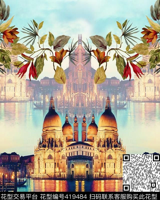 现代建筑夜景花卉短装定位数码印花华亿平台下载（图片编号: 419484） - 瓦栏（Walan）