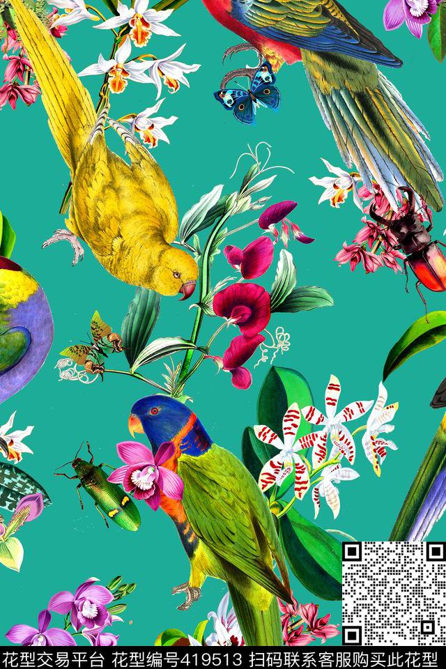 时尚鹦鹉兰花数码印花华亿平台下载（图片编号: 419513） - 瓦栏（Walan）