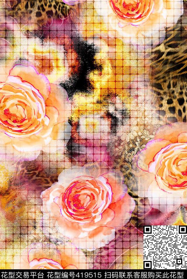 豹纹瓷砖格纹手绘玫瑰花数码印花华亿平台下载（图片编号: 419515） - 瓦栏（Walan）