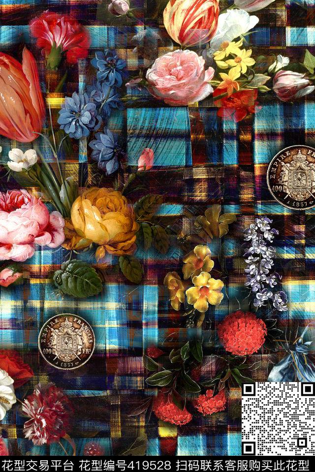 复古格子油画花卉数码印花华亿平台下载（图片编号: 419528） - 瓦栏（Walan）