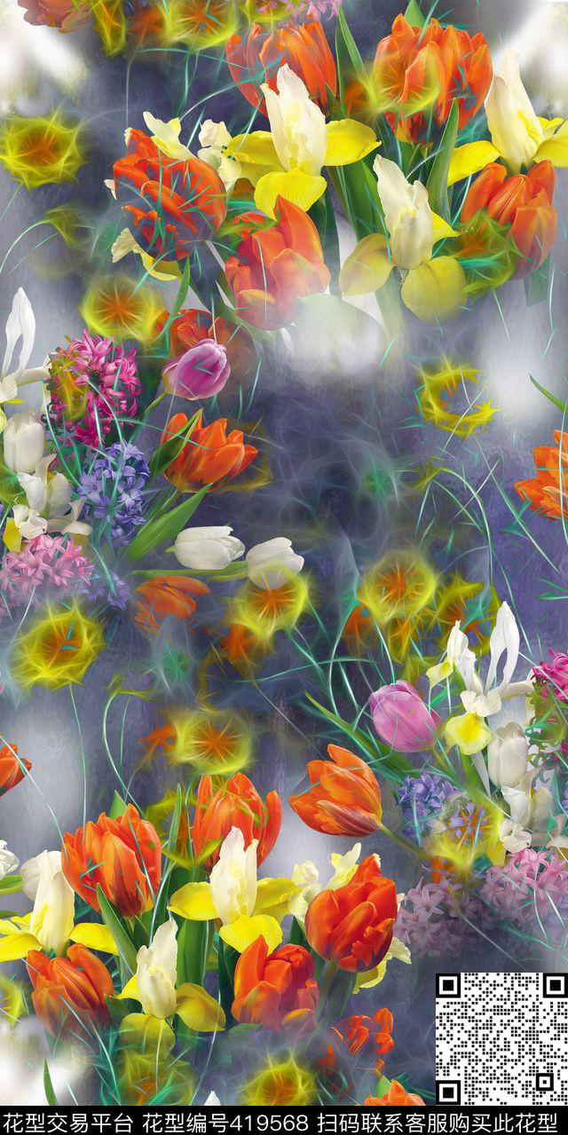 抽象花纹花卉数码丝绸真丝数码印花华亿平台下载（图片编号: 419568） - 瓦栏（Walan）