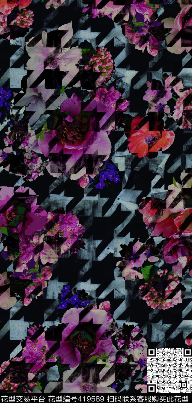 花卉花卉千鸟格时尚潮流数码印花华亿平台下载（图片编号: 419589） - 瓦栏（Walan）