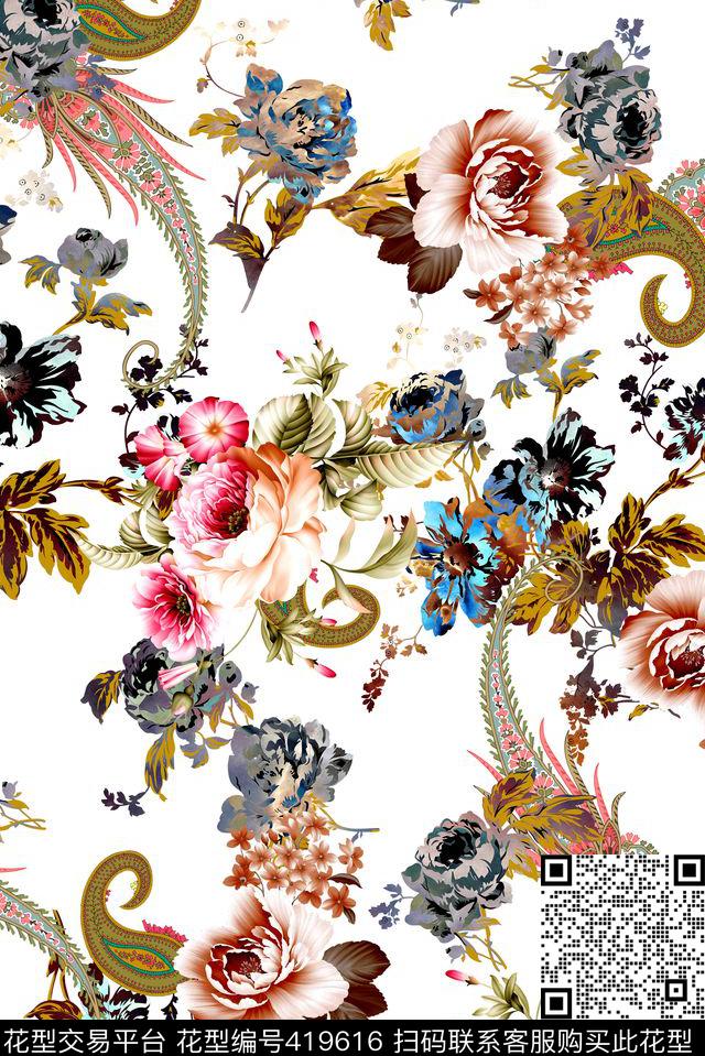 大牌清爽复古花卉女装花卉腰果花卉组合数码印花华亿平台下载（图片编号: 419616） - 瓦栏（Walan）