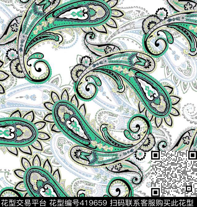 腰果花复古佩斯利涡旋纹数码印花华亿平台下载（图片编号: 419659） - 瓦栏（Walan）