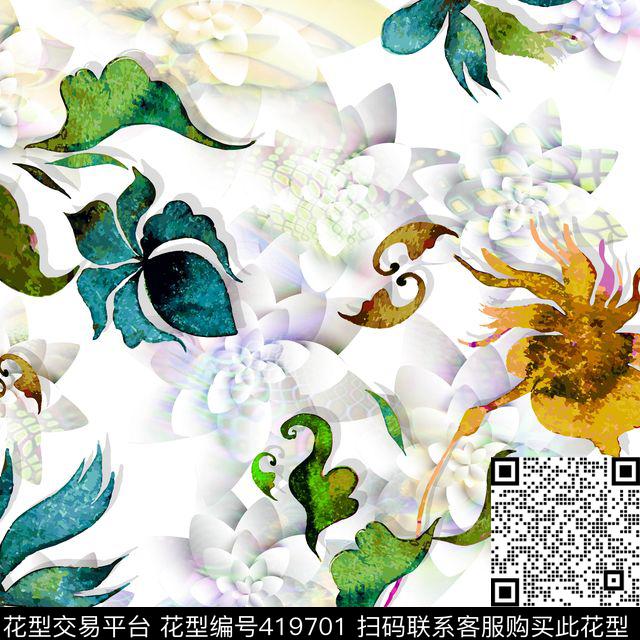 流行趋势手绘抽象花数码印花华亿平台下载（图片编号: 419701） - 瓦栏（Walan）