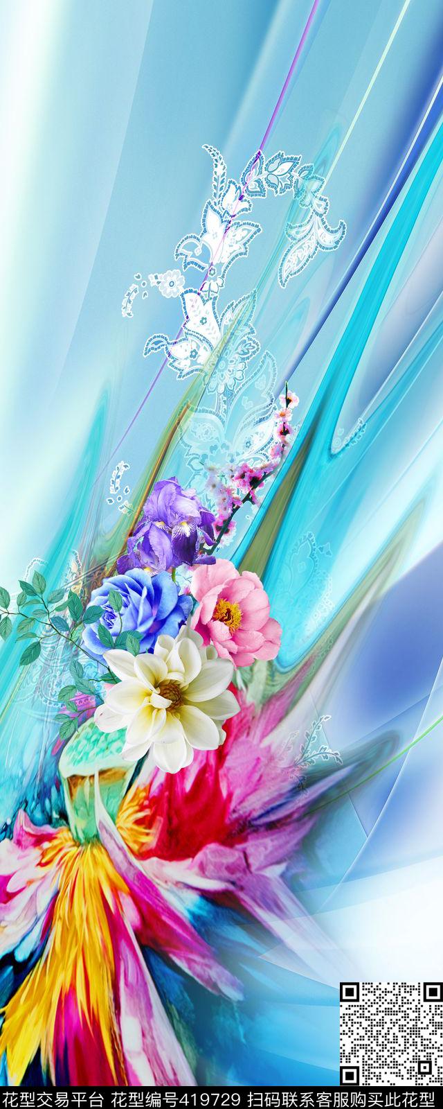中国风抽象花卉数码印花华亿平台下载（图片编号: 419729） - 瓦栏（Walan）