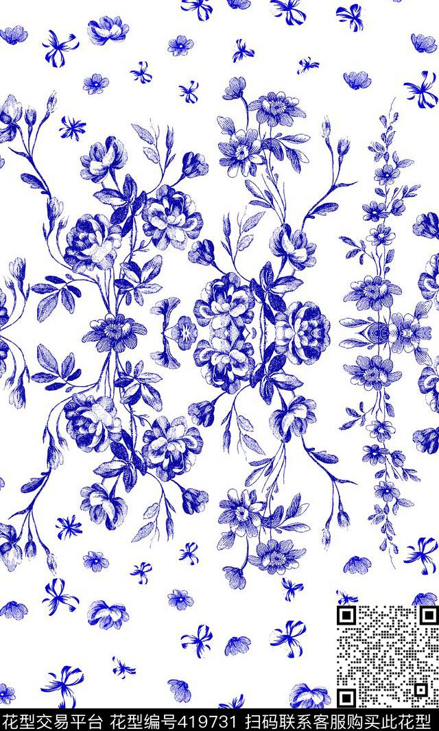 清爽小花湛蓝花卉中国风现代传统印花华亿平台下载（图片编号: 419731） - 瓦栏（Walan）