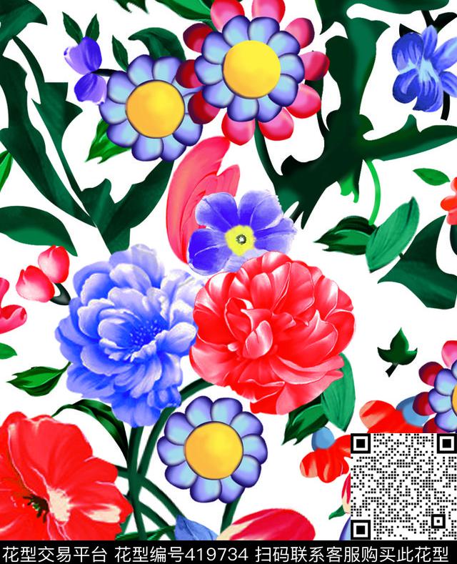 彩色花黑色叶手绘传统印花华亿平台下载（图片编号: 419734） - 瓦栏（Walan）