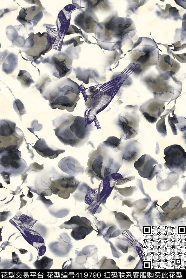 花卉雀鸟水彩数码印花华亿平台下载（图片编号: 419790） - 瓦栏（Walan）