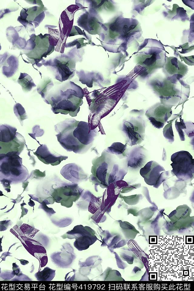 休闲水墨雀鸟数码印花华亿平台下载（图片编号: 419792） - 瓦栏（Walan）