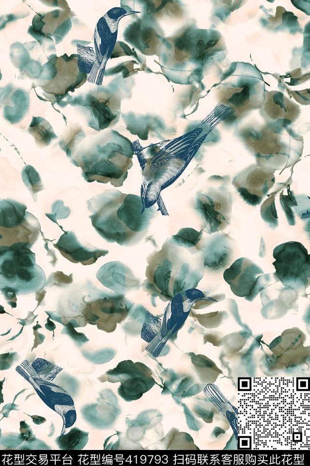 休闲水墨雀鸟数码印花华亿平台下载（图片编号: 419793） - 瓦栏（Walan）