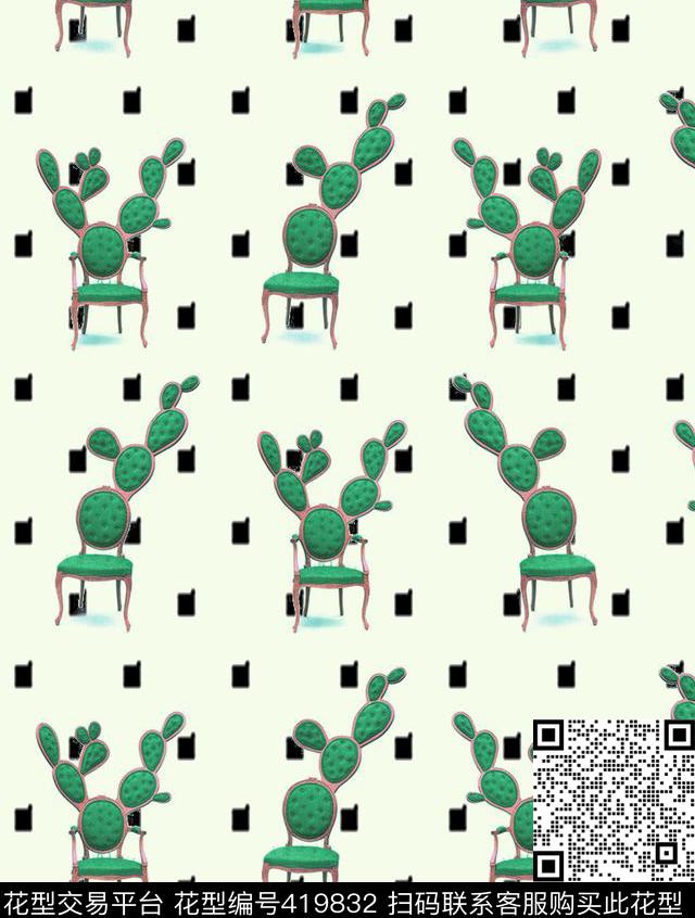 仙人掌椅子写意传统印花华亿平台下载（图片编号: 419832） - 瓦栏（Walan）