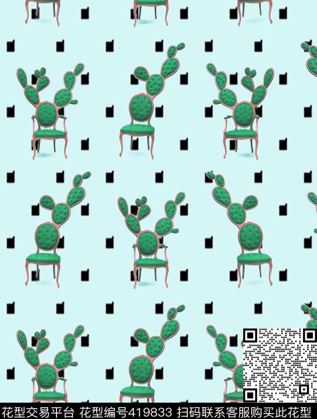 仙人掌椅子写意传统印花华亿平台下载（图片编号: 419833） - 瓦栏（Walan）