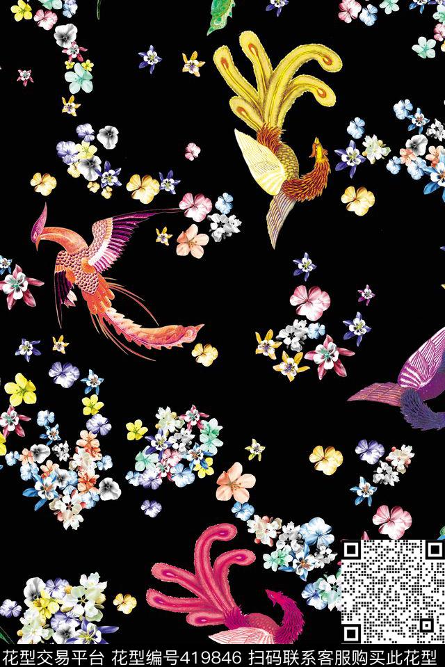 彩色凤凰时尚小花彩色小碎花数码印花华亿平台下载（图片编号: 419846） - 瓦栏（Walan）