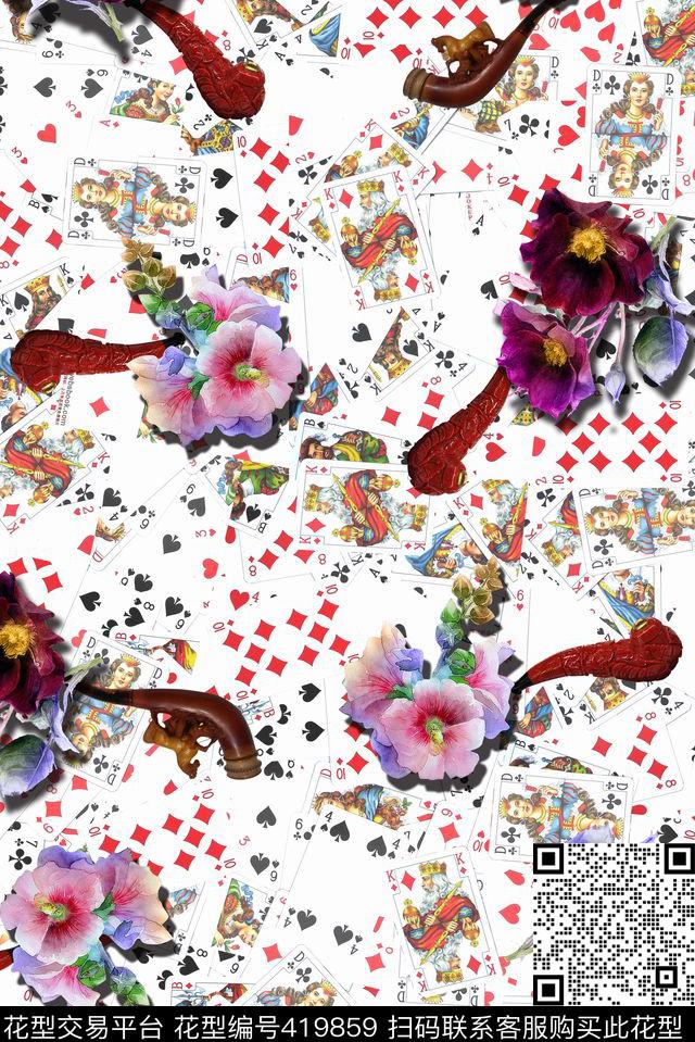 五彩个性扑克烟斗花卉休闲风休闲风数码数码印花华亿平台下载（图片编号: 419859） - 瓦栏（Walan）