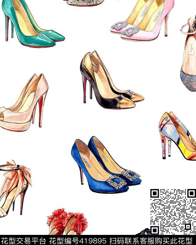 时尚手绘高跟鞋数码印花华亿平台下载（图片编号: 419895） - 瓦栏（Walan）