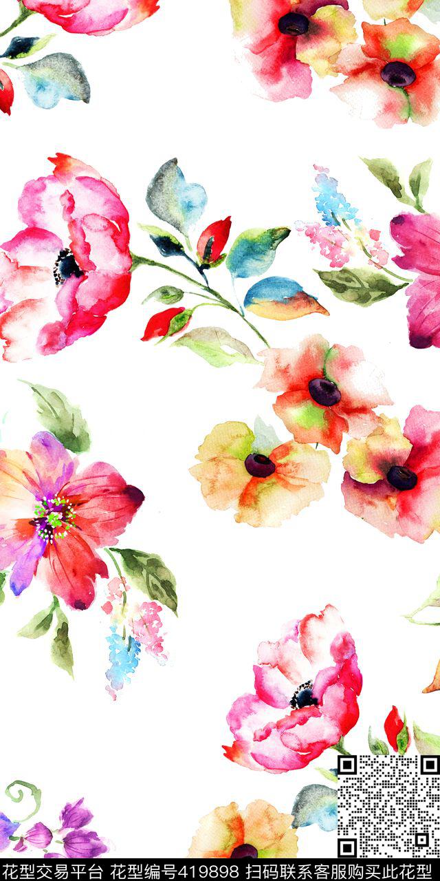 大气水彩手绘花数码印花华亿平台下载（图片编号: 419898） - 瓦栏（Walan）