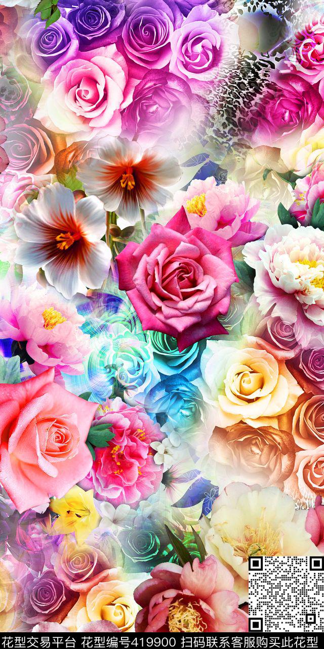 时尚玫瑰底豹纹数码印花华亿平台下载（图片编号: 419900） - 瓦栏（Walan）