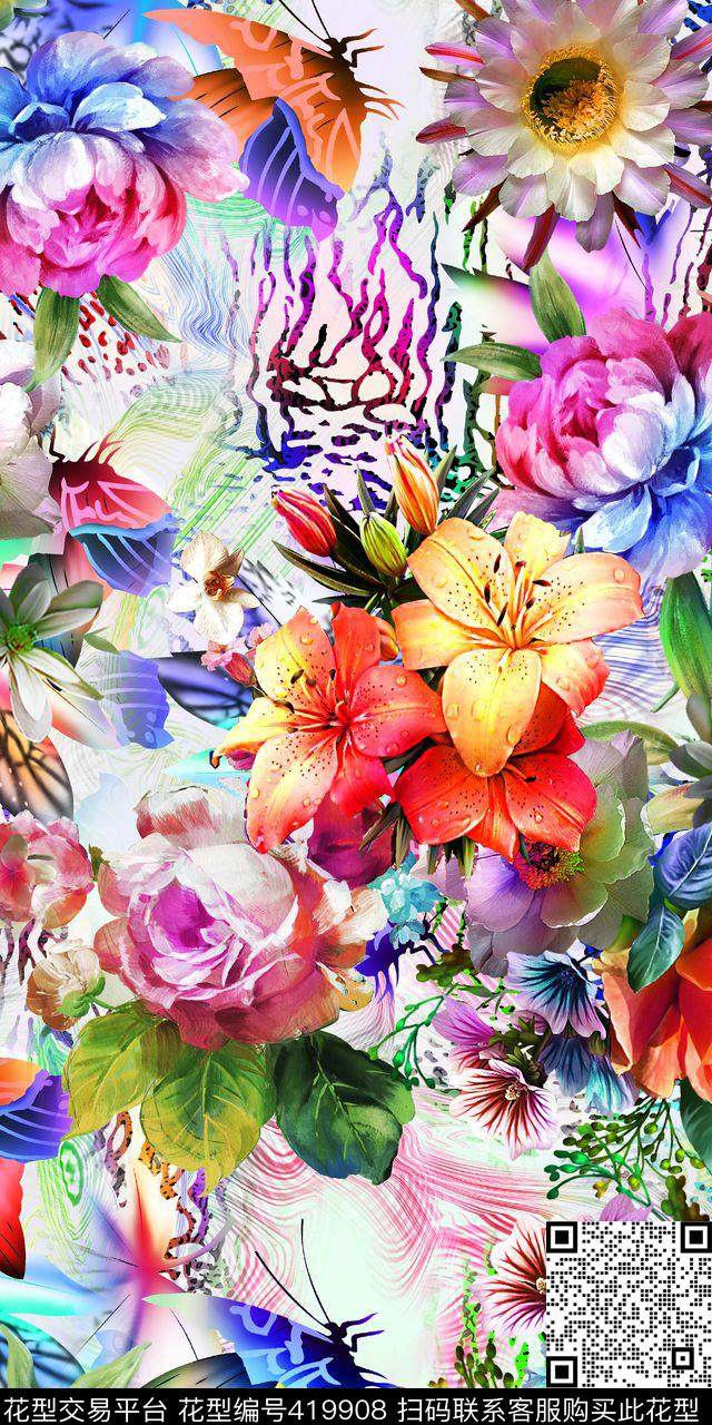 炫丽手绘斑马底蝴蝶花卉数码印花华亿平台下载（图片编号: 419908） - 瓦栏（Walan）