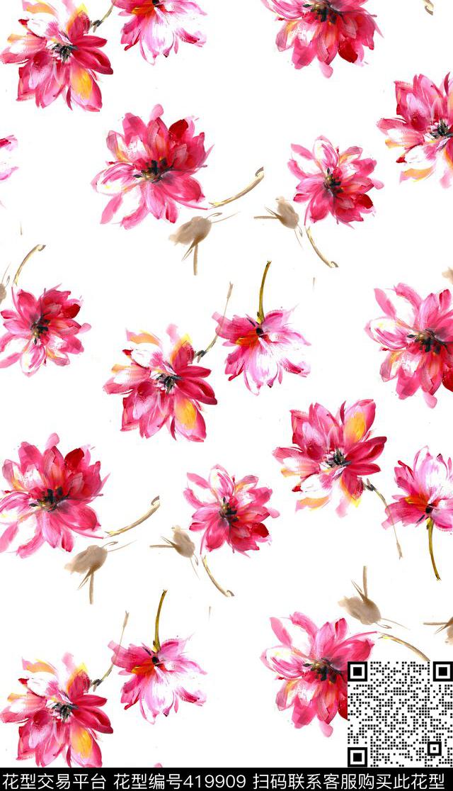 纯手绘花卉小清新数码印花华亿平台下载（图片编号: 419909） - 瓦栏（Walan）