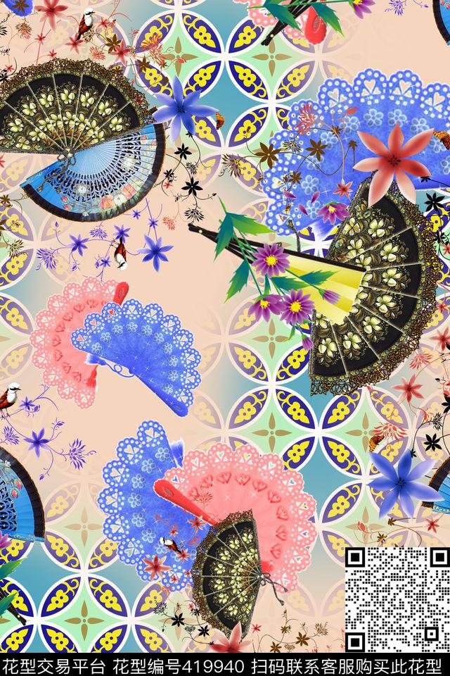 中国风扇子别样风情数码印花华亿平台下载（图片编号: 419940） - 瓦栏（Walan）