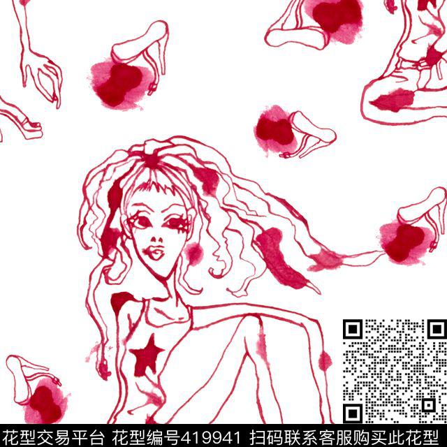 线条人物可爱传统印花华亿平台下载（图片编号: 419941） - 瓦栏（Walan）