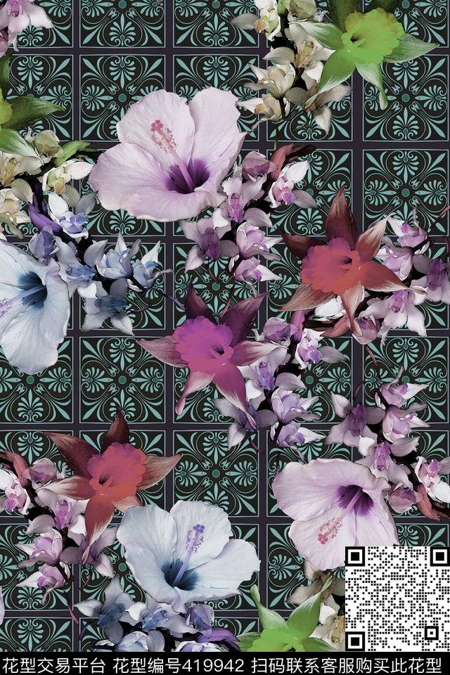 热带小几何、热带花卉数码印花华亿平台下载（图片编号: 419942） - 瓦栏（Walan）
