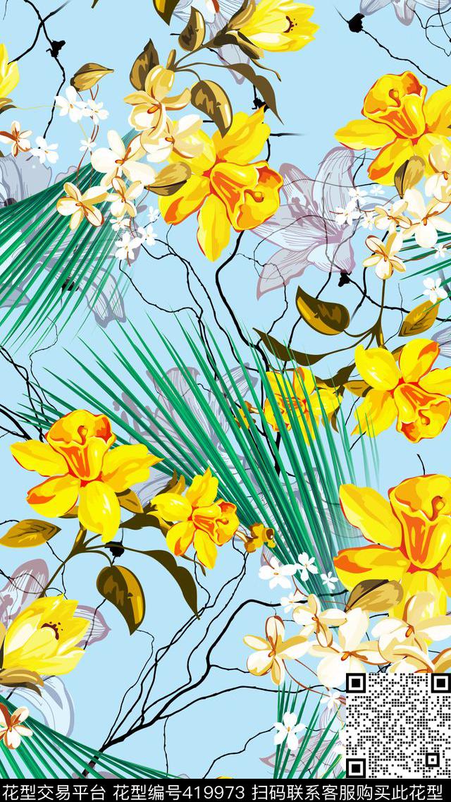 手绘郁金香花卉数码印花华亿平台下载（图片编号: 419973） - 瓦栏（Walan）