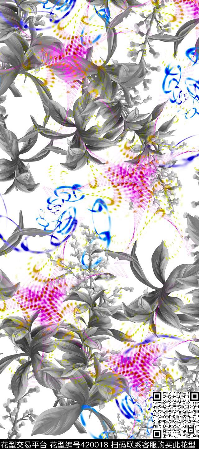 黑白花卉植物花卉数码印花华亿平台下载（图片编号: 420018） - 瓦栏（Walan）
