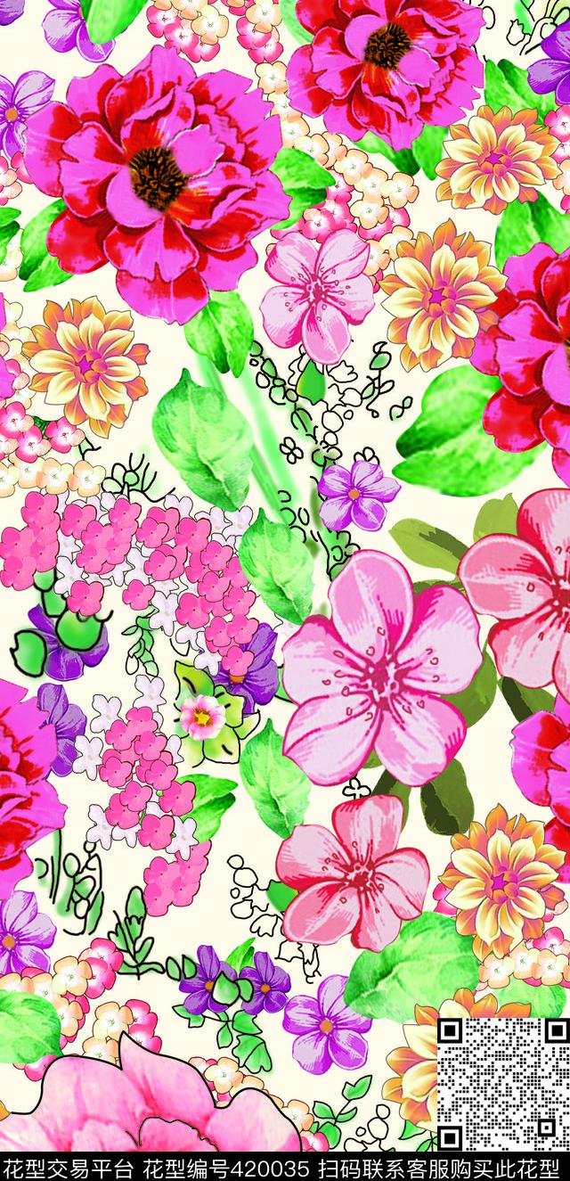 红花连衣裙美丽花循环数码印花华亿平台下载（图片编号: 420035） - 瓦栏（Walan）