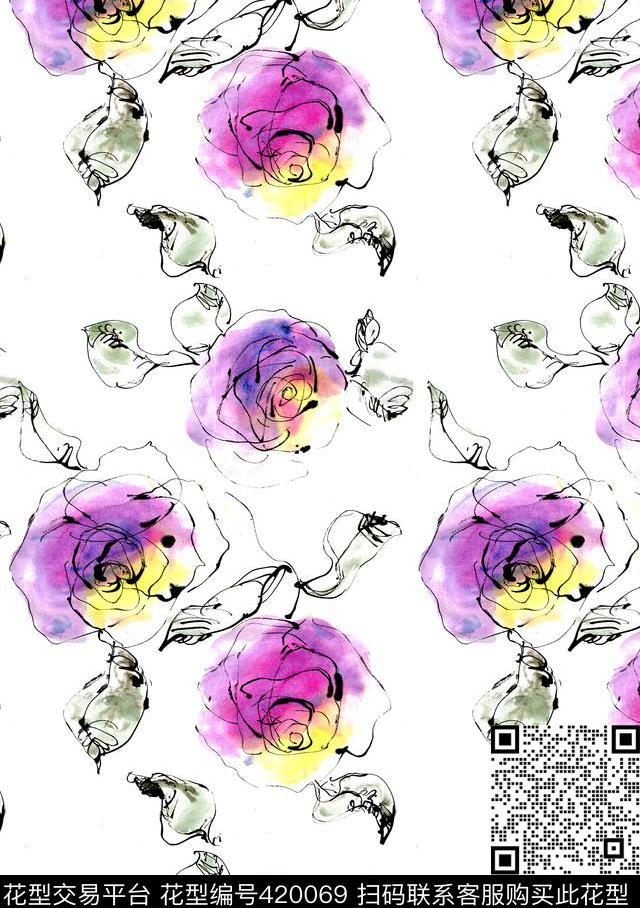 抽象花卉时尚简约数码印花华亿平台下载（图片编号: 420069） - 瓦栏（Walan）