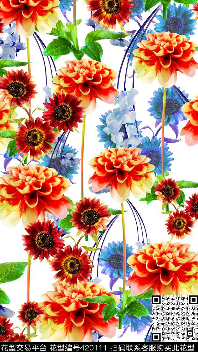 白底鲜艳花卉数码印花华亿平台下载（图片编号: 420111） - 瓦栏（Walan）