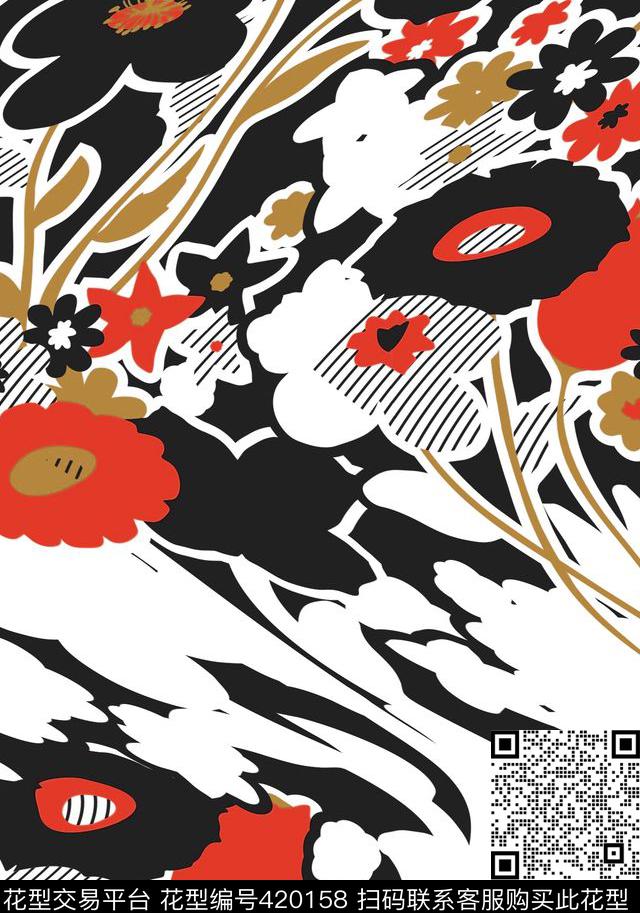花卉扭曲自然传统印花华亿平台下载（图片编号: 420158） - 瓦栏（Walan）
