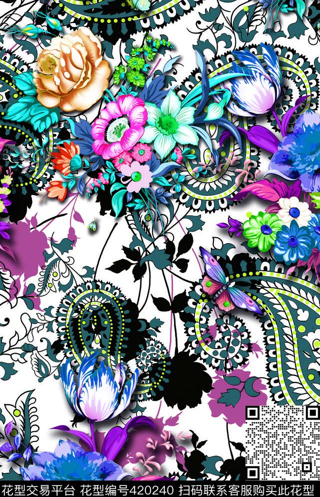 佩斯利花卉冷色数码印花华亿平台下载（图片编号: 420240） - 瓦栏（Walan）