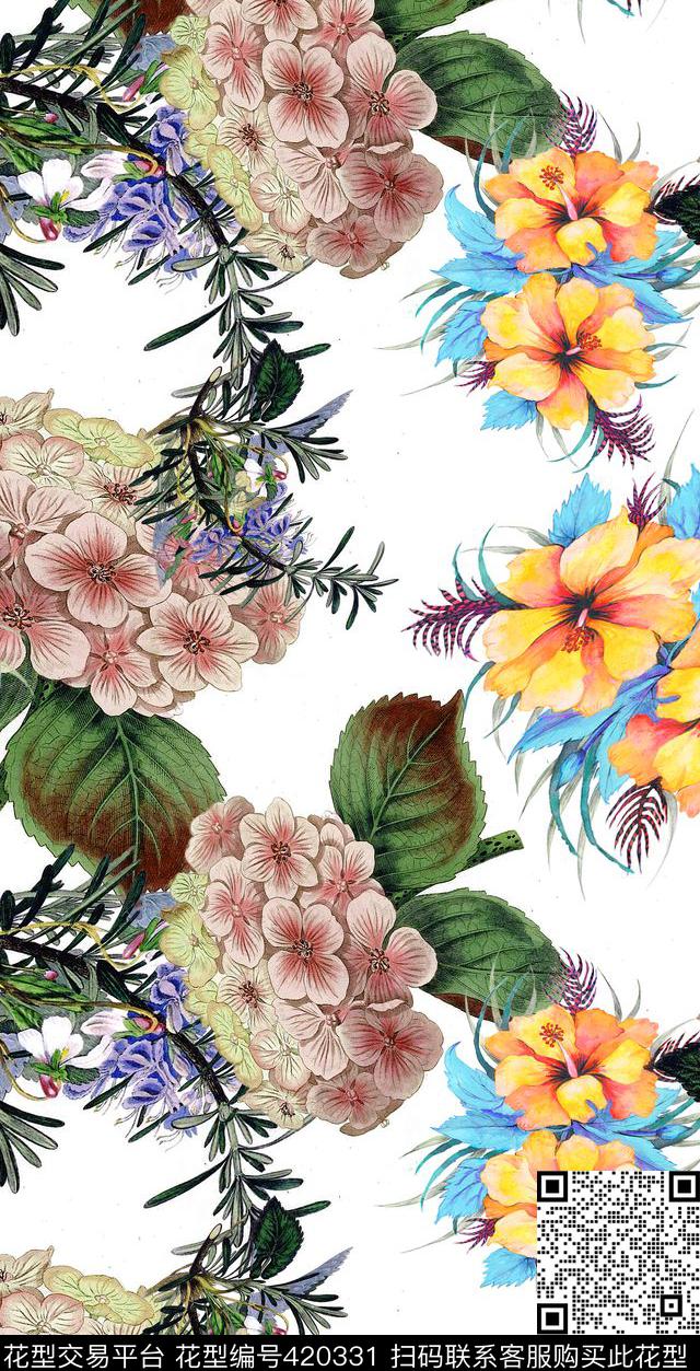 花卉花枝叶数码印花华亿平台下载（图片编号: 420331） - 瓦栏（Walan）
