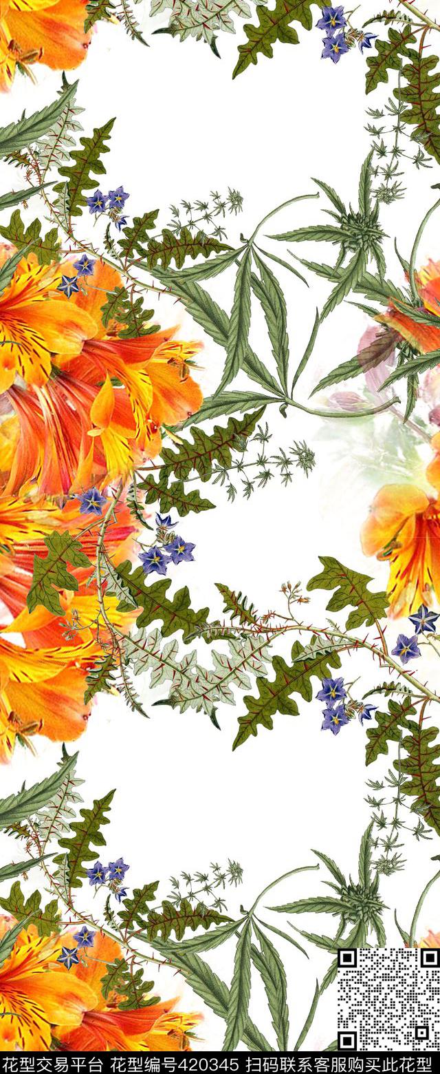 花枝叶绿色数码印花华亿平台下载（图片编号: 420345） - 瓦栏（Walan）