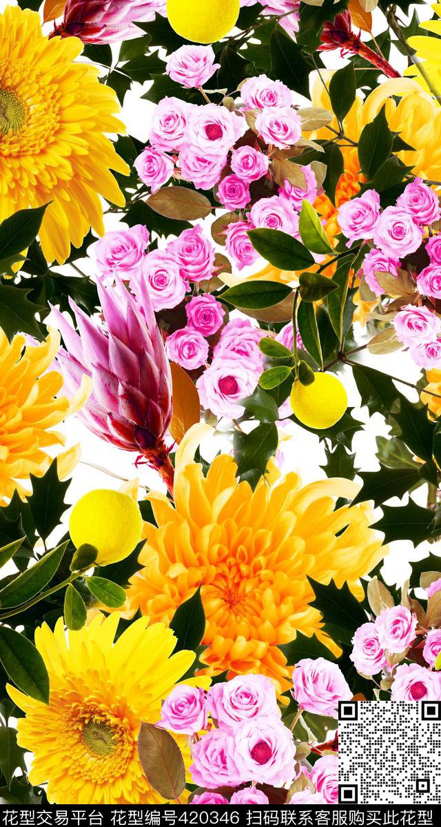 黄色花卉树叶实体花卉数码印花华亿平台下载（图片编号: 420346） - 瓦栏（Walan）