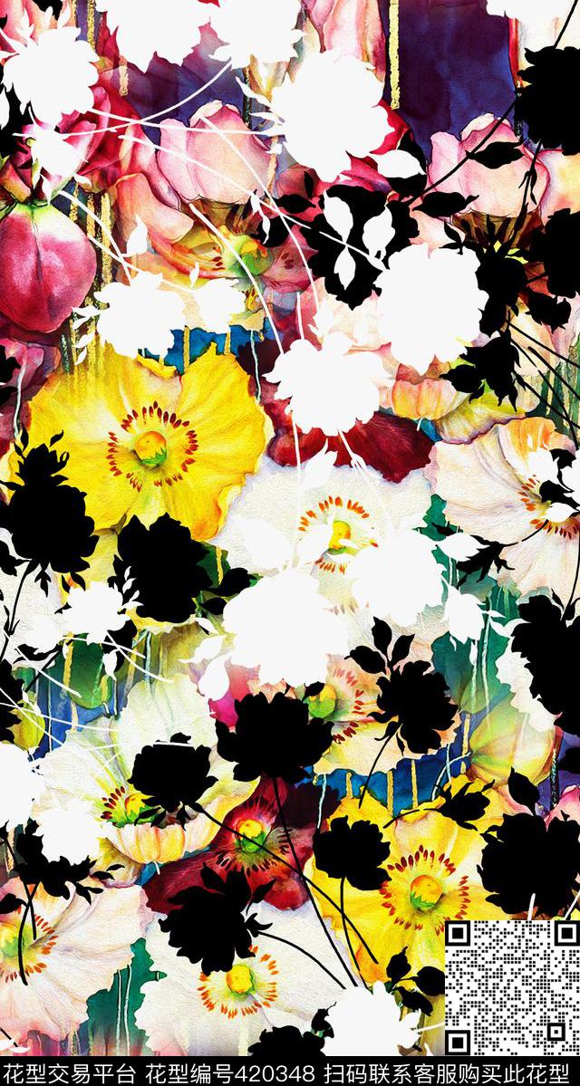黑白花卉剪影数码印花华亿平台下载（图片编号: 420348） - 瓦栏（Walan）