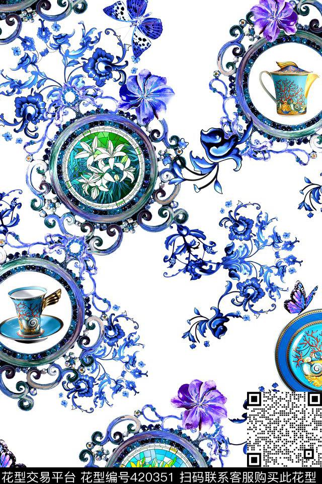 中国风青花瓷花卉数码印花华亿平台下载（图片编号: 420351） - 瓦栏（Walan）