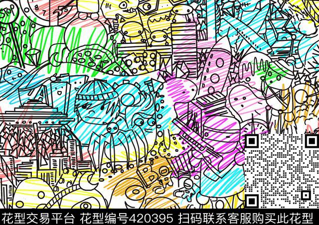 线描手绘儿童画传统印花华亿平台下载（图片编号: 420395） - 瓦栏（Walan）