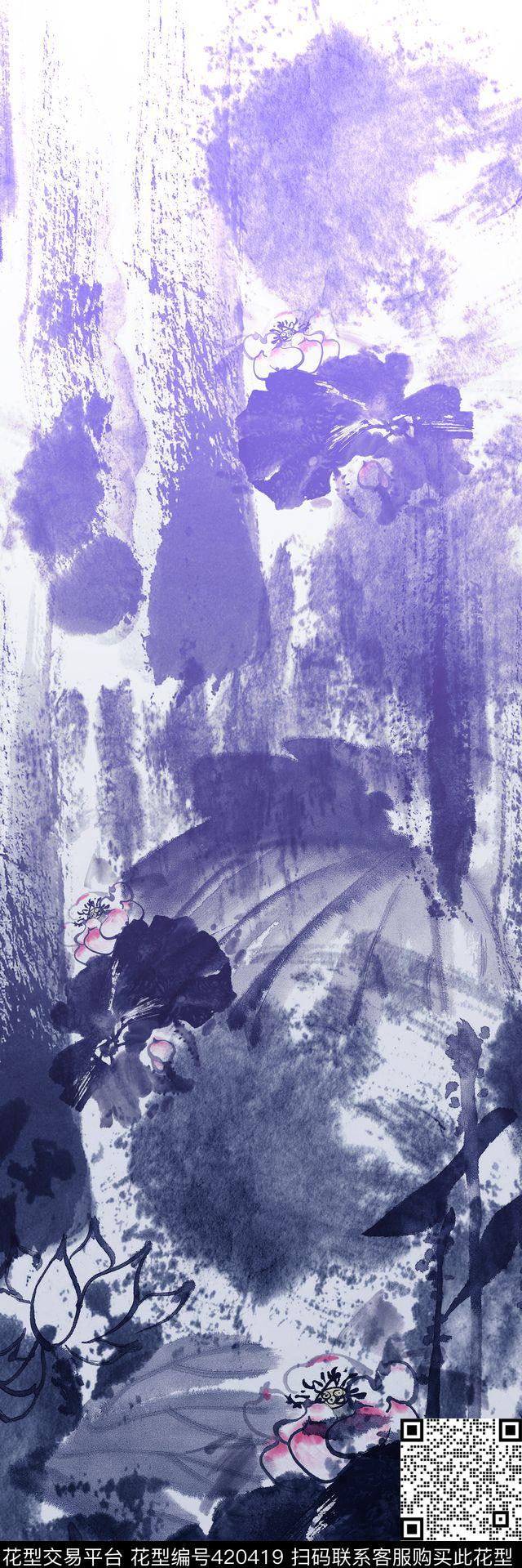 抽象荷花荷叶数码印花华亿平台下载（图片编号: 420419） - 瓦栏（Walan）