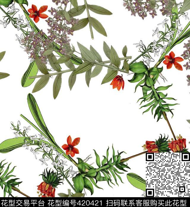 复古花枝叶数码印花华亿平台下载（图片编号: 420421） - 瓦栏（Walan）