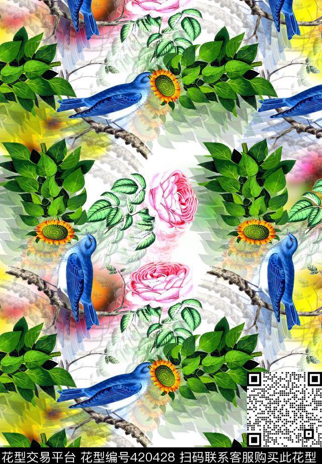 3D鸟复古花数码印花华亿平台下载（图片编号: 420428） - 瓦栏（Walan）