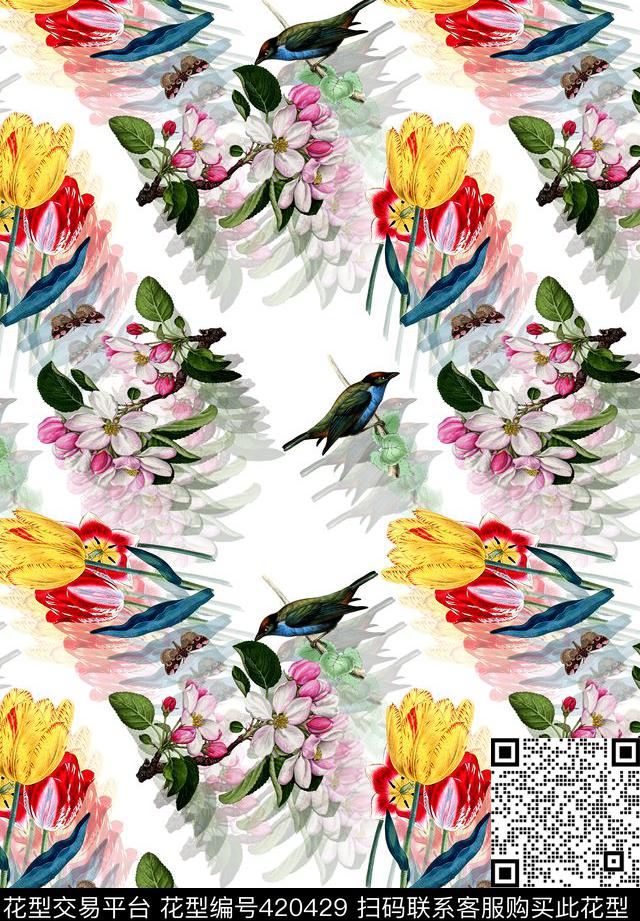 3D花卉鸟数码印花华亿平台下载（图片编号: 420429） - 瓦栏（Walan）