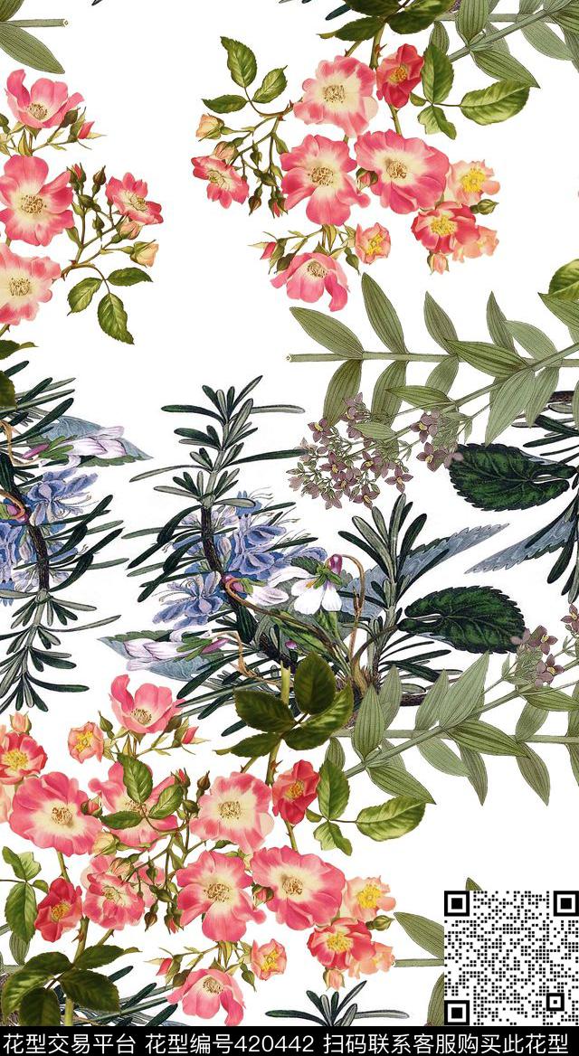 复古绿叶花数码印花华亿平台下载（图片编号: 420442） - 瓦栏（Walan）