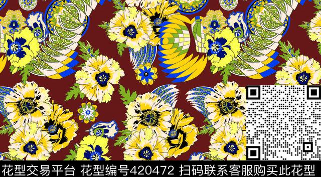 黄色花循环花卉抽象传统印花华亿平台下载（图片编号: 420472） - 瓦栏（Walan）