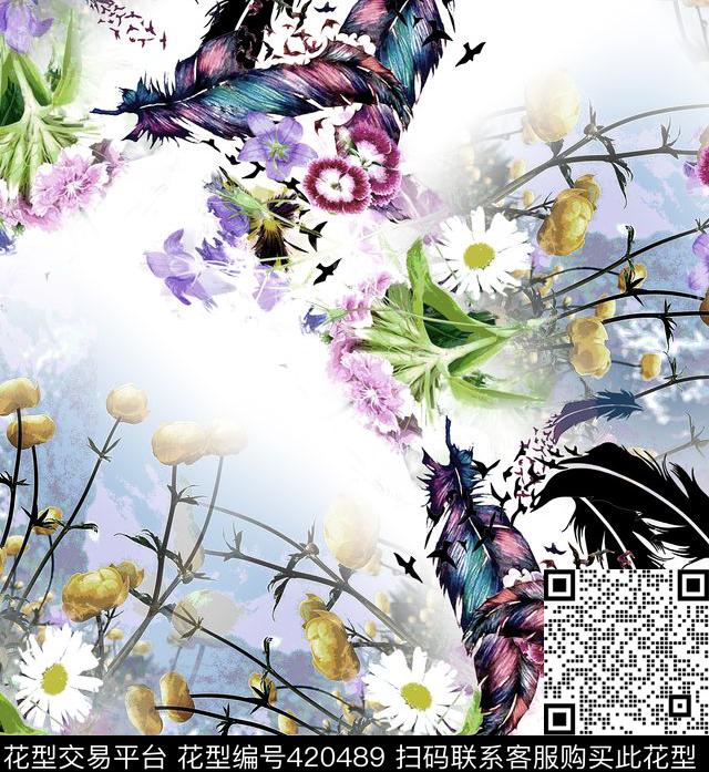 写意鸡毛花数码印花华亿平台下载（图片编号: 420489） - 瓦栏（Walan）
