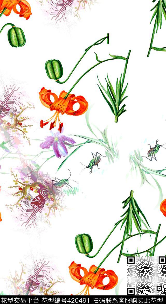 素雅昆虫花数码印花华亿平台下载（图片编号: 420491） - 瓦栏（Walan）